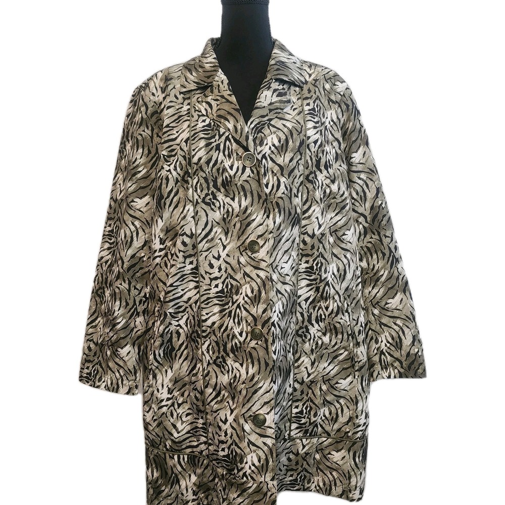 Dennis Basso‎ Coat 2X Mob Wife Zebra Animal Print Jacket Plus Size Green Long